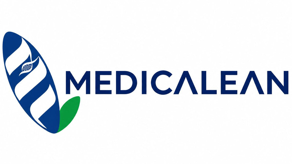 The Medicalean logo is displayed on a solid white background, featuring a blue and white stylized leaf with a green leaf accent on the bottom right, alongside the word 'MEDICALEAN' in blue.